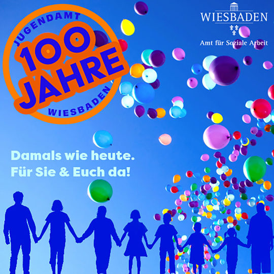 Logo 100 Jahre Jugendamt - Blauer Himmel mit bunten Luftballons + Schrift.