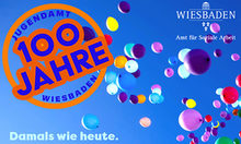 Logo 100 Jahre Jugendamt - Blauer Himmel mit bunten Luftballons + Schrift.