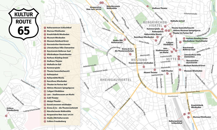 Wiesbadener Karte mit eingezeichneten Sehenswürdigkeiten und Loko Kultur R