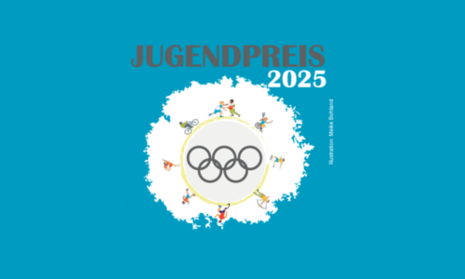 Logo Jugendpreis: Blauer HIntergrund, Olympisched Ringe und Symbolbilder S