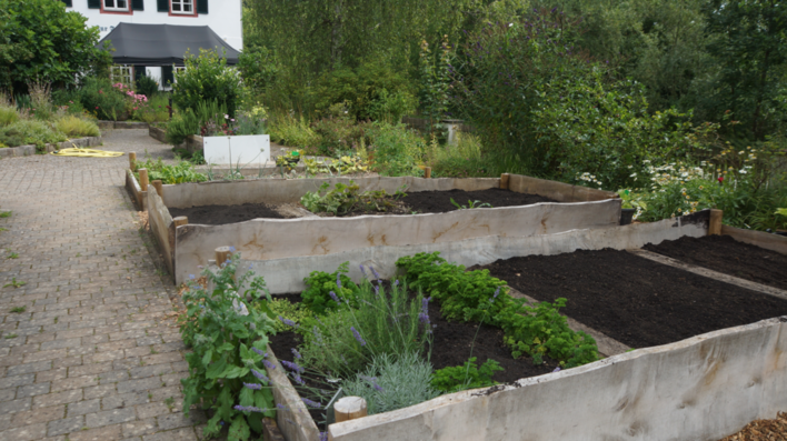 Blick in den Bauerngarten mit Beeten