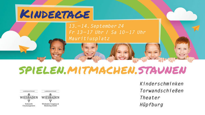 Plakat Kindertage: Kinder mit Regenbogen und Schrift.