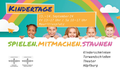 Plakat Kindertage: Kinder mit Regenbogen und Schrift.