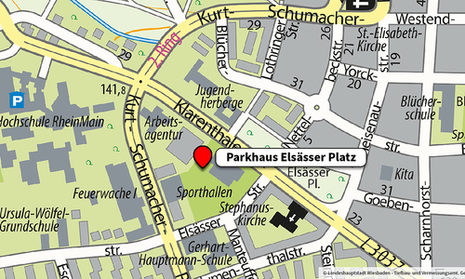 Kartenausschnitt Stadtplan - Parkaus Elsässer Platz eingezeichnet