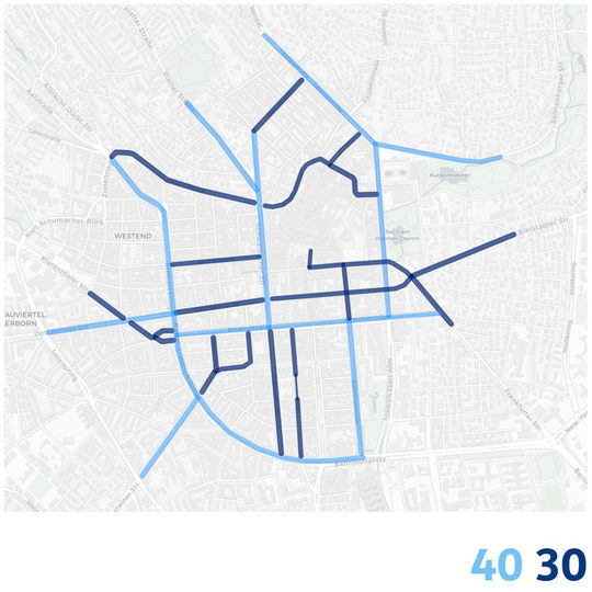 Karte mit hell- und dunkelblauenm Straßen für Tempo 40-30