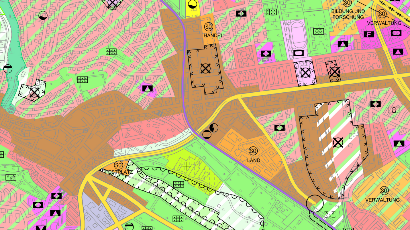 Verschiedenfarbige Flächen auf grauem Stadtgrundriss, teilweise mit schwarzen Symbole und Grenzsignaturen