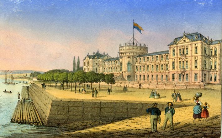 Lithographie "Wiesbaden – Schloss Biebrich am Rhein"