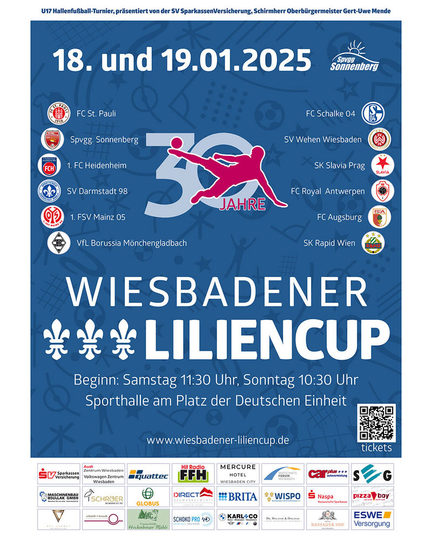 PLakat. Gezeichneter Fußballer und Logos Vereine