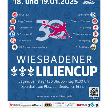 PLakat. Gezeichneter Fußballer und Logos Vereine