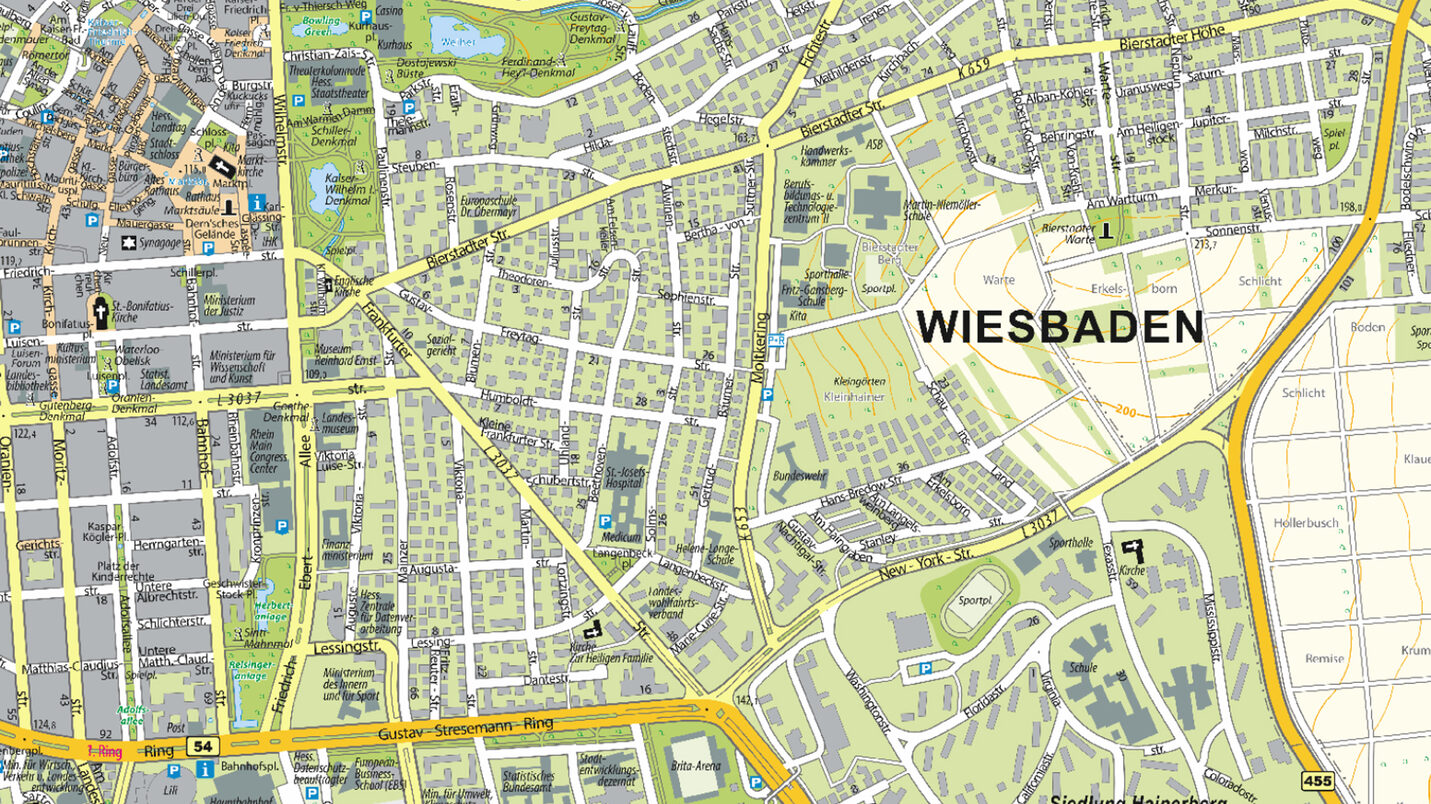 Auschnitt eines zweidimensionalen Stadtplans der Landeshauptstadt Wiesbaden